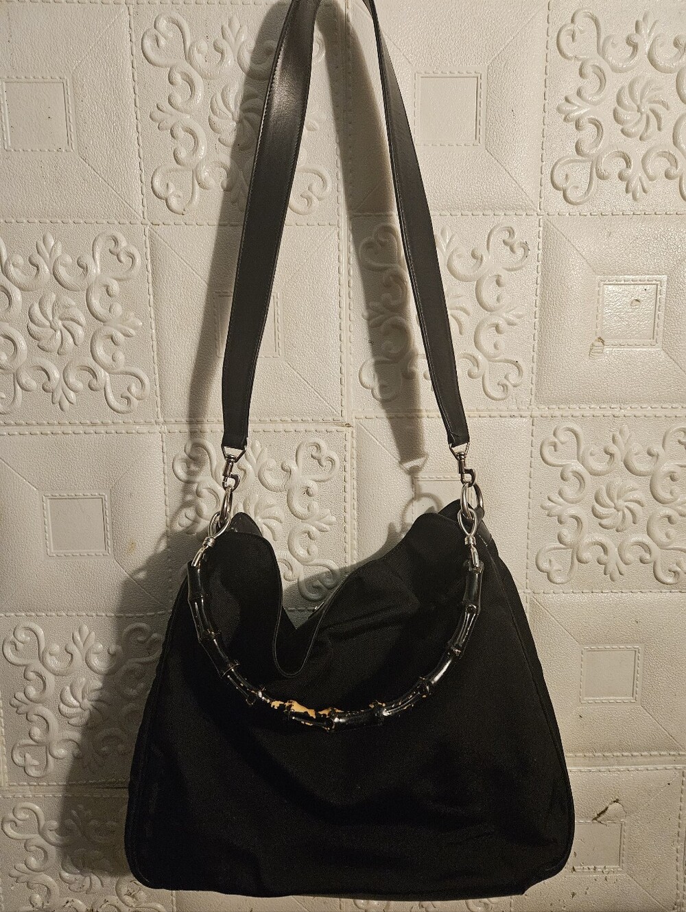 Gucci Nylon/Leather Black Bamboo Hobo 2way Authentic Vintage Bag